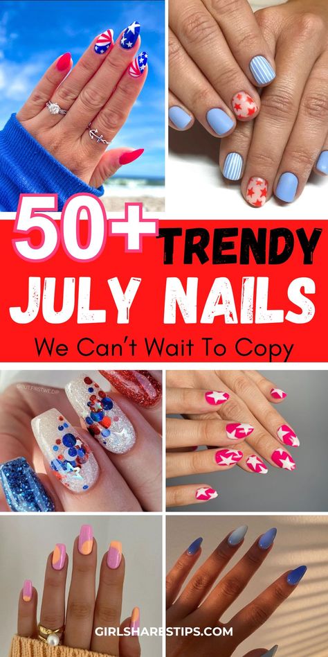 Show off your patriotic spirit with stunning Fourth of July nail art ideas and the most beautiful July nails to elevate your summer style. July Nails Short, 4th Of July Nails Simple, Cute 4th Of July Nails, Red White And Blue Nails, 4th Of July Nail Designs, White And Blue Nails, July Nail Designs, American Flag Nails, Summer Vacation Nails