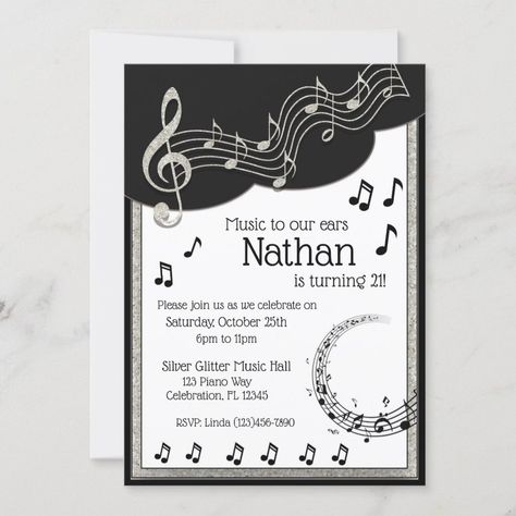 Glitzy Black & White Musical Notes Birthday Invitation Zazzle Bd Ideas, Music Theme Birthday, Silver Invitation, Glitter Invitations, Music Birthday, Glitter Birthday, Black Invitation, Music Party, Musical Notes