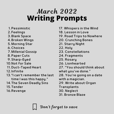 A list of writing 31 prompts for March Writing Prompts Monthly, March Poetry Prompts, Poem Starters Writing Prompts, Poem Tips, Smüt Prompts, Tips For Writing Poetry, Poem Prompts, Poem Writing Prompts, Songwriting Prompts