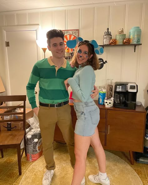 Blues Clues Costume Womens, Steve And Blue Costume, Joe And Blue Costume, Blues Clues And Steve Costume, Blue Clues Halloween Costume, Blue And Magenta Costume, Diy Blues Clues Costume, Blue And Steve Couple Costume, Blue Clues Costume