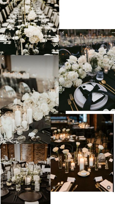 Black And White Wedding Color Schemes, Black And White And Champagne Wedding, Spring Black And White Wedding, Black Tie Wedding Details, Black Tie Party Aesthetic, Black Tie Wedding Centerpieces, Black And White Wedding Florals, White And Black Wedding Reception, Champagne Black And White Wedding