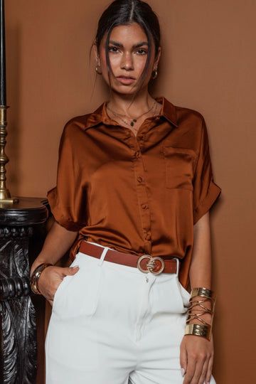 Tops – Page 5 – Hippie-Ki-Yay Boutique Copper Blouse Outfit, Copper Top Outfit, Satin Button Down Shirt Outfit, Satin Shirt Outfit, Silk Shirt Outfit, Satin Blouse Outfit, Satin Button Down Shirt, Blouse Outfit Casual, Mustard Pants