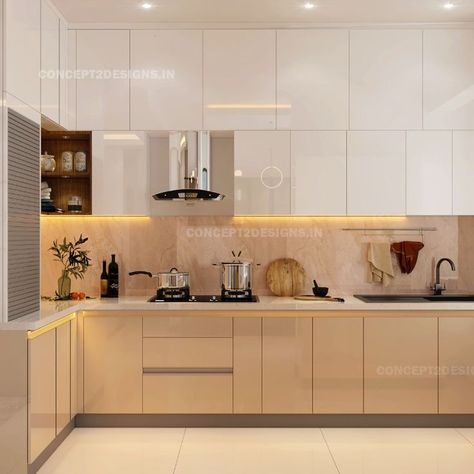 modular kitchen, beaige and white shades, l shape, trendy equipment Kitchen Colour Combination Beige, Wooden Finish Kitchen Cabinets, Kitchen Interior With White Platform, Modular Kitchen Wooden Finish, Kitchen With White Platform, White Platform Kitchen Ideas, Kitchen Glossy Laminate, Kitchen Interior Beige Colour, Latest Modular Kitchen Colour Combination