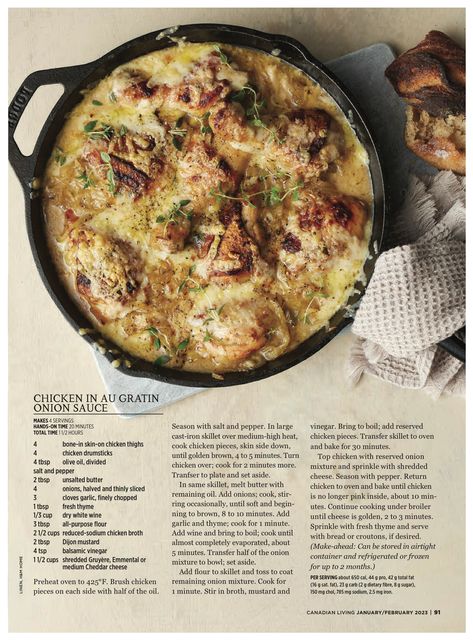 Canadian Living Recipes, Onion Sauce, Chicken Drumsticks, Dry White Wine, Food Magazine, Chicken Thighs, Shredded Cheese, How To Cook Chicken, Cheddar Cheese