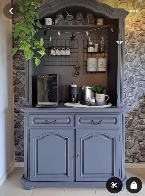 Coffee Bar Out Of Armoire, Repurpose Armoire Ideas, Coffee Hutch Ideas, Rustic Coffee Bar Ideas, Coffee Bar Hutch Ideas, Tea Hutch, Armoire Coffee Bar, Kaffe Station, Coffee Hutch