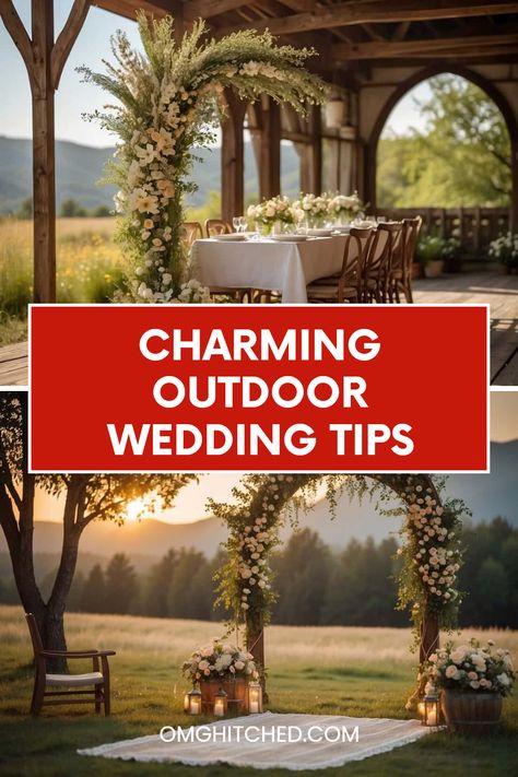 Planning an outdoor wedding day? Check out these charming ideas for a beautiful event! Create a stunning atmosphere with a rustic wooden arch decorated with colorful wildflowers and soft strung lights hanging in the trees. Set lovely tables with simple lacy details and charming flower bouquets. Your big day can be magical and memorable without being too complicated. Follow these fun tips to save creativity while making it picturesque for you and your guests. Save this pin for your dream outdoor wedding inspirations! Wedding In The Park Ideas, Simple Outdoor Wedding, Colorful Wildflowers, Outdoor Wedding Ideas, Stylish Tips, Key Bottle Opener, Lights Hanging, Country Theme Wedding, Outdoor Wedding Inspiration