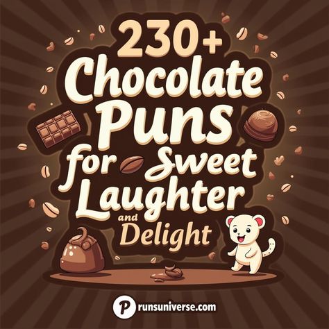 Indulge in a cocoa-comedy feast with our "230+ Chocolate Puns for Sweet Laughter and Delight!" 🍫 Get ready to melt into giggles as these clever quips add a dash of humor to your day. Perfect for sharing with fellow chocoholics or as a delightful treat for any occasion! 🌟 #puns #chocolate #funny #humor #laughter #foodie #sweettooth #punny Funny Chocolate Quotes, Chocolate Sayings, Chocolate Puns, Sweet Puns, Chocolate Funny, Chocolate Quotes, Chocolate Humor, Dove Chocolate, Dairy Milk Chocolate