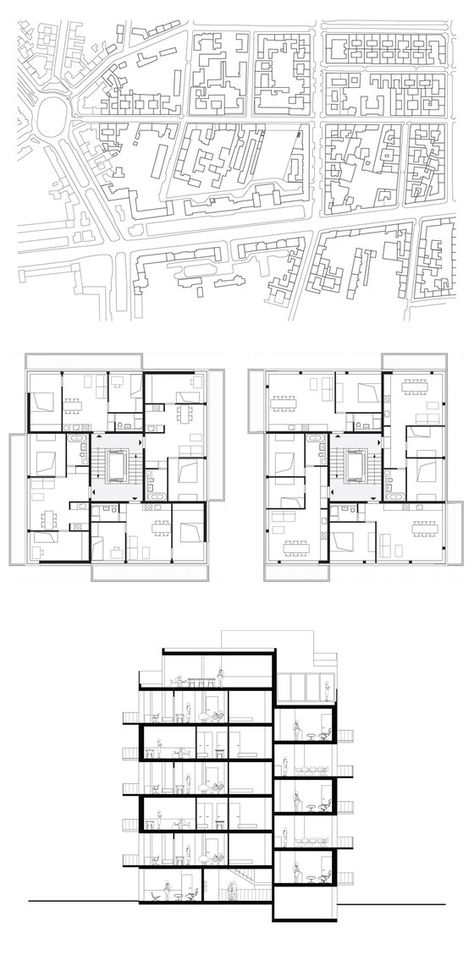 Split Level Building Architecture, Floor Plan Apartment Building, Apartment Block Plan, Block Of Flats Floor Plan, Apartment Plans Architecture, Apartment Building Layout, Apartment Building Floor Plans, Apartment Building Plans, Split Level Apartment