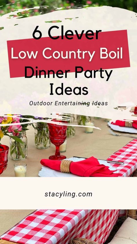 Looking for fun summer outdoor entertaining ideas? Wait until you see these low country boil recipes and decorating ideas for a fun dinner party. #lowcountryboil #lowcountryboilpartyideas #lowcountryboilparty #seafoodboilparty #seafoodboilpartydecorations #seafoodboilpartytablesettings #outdoorentertainingideas #gardenparty #farmhousetable #centerpieceideas #centerpieceideasforhome #seafoodboilpartyideas #dinnerpartyideas #dinnerpartymenu #supperclub #summerdinnerparty Seafood Boil Party Ideas Table Settings, Seafood Boil Dinner Party, Shrimp Boil Table Setting, Seafood Boil Table Set Up, Summer Seafood Boil Party, Shrimp Boil Rehearsal Dinner, Lowcountry Boil Party, Seafood Party Ideas For Birthday, Seafood Boil Party Table Settings