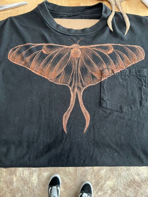 Bleach art bleach painting moth T-shirt Bleached Moth Shirt, Bleach Art Sweatpants, Moth T Shirt, Bleach Moth Shirt, Butterfly Bleach Hoodie, Bleach On Shirt Art, Bleach Sweaters Diy, Bleach Art Clothes Aesthetic, Bleach Painting Clothes Anime