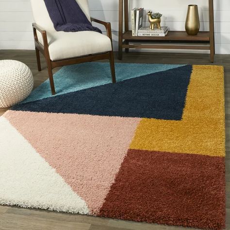 Warnke Geometric Brown/Yellow/Blue Area Rug Colour Block Rug, Color Block Rugs, Color Block Shag, Melissa Aesthetic, Midcentury Rug, Modern Colorful Bedroom, Entertaining Room, Colorful Mid Century Modern, Decor Pillows