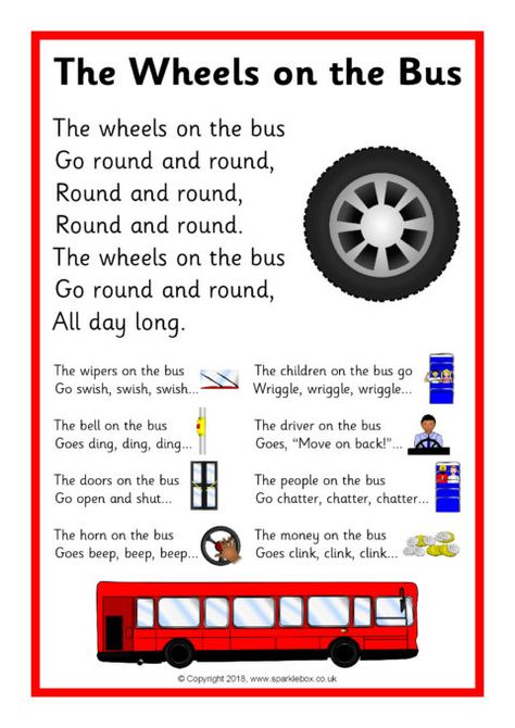 The Wheels on the Bus Song Sheet (SB12479) - SparkleBox Wheels On The Bus Song Printable, Wheels On The Bus Lyrics, The Wheels On The Bus Song, Transportation Songs For Toddlers, Wheels On The Bus Activities, Wheel On The Bus, Transportation Songs, Wheels On The Bus Song, Rhyming Poems For Kids