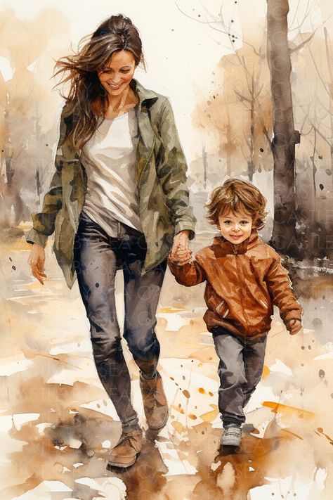 "In this heartwarming watercolor painting \"Guiding Love,\" the artist captures a tender moment between a mother and her young son as they walk hand in hand. The scene exudes a sense of unconditional love, trust, and a deep bond between the two. We pour our passion and skill into each portrait, meticulously crafting every detail to portray the unique personality, emotions, and relationships of the subjects. Whether it's a beloved family member, a cherished pet, or a special moment frozen in time, our watercolor portraits breathe life into the paper, evoking feelings of joy, nostalgia, and love. At Castle By Sea, we believe that every portrait should be as unique as the individuals it portrays. This is a digital download. Included in the package, you will receive your selected painting in s Watercolor Hands, Family Running, Mother And Son Art, Family Portraits Painting, Mother And Three Sons Art, Mother Two Daughters One Son Art, Mother And Two Sons Art, Mother And Son, Family Picture Drawing