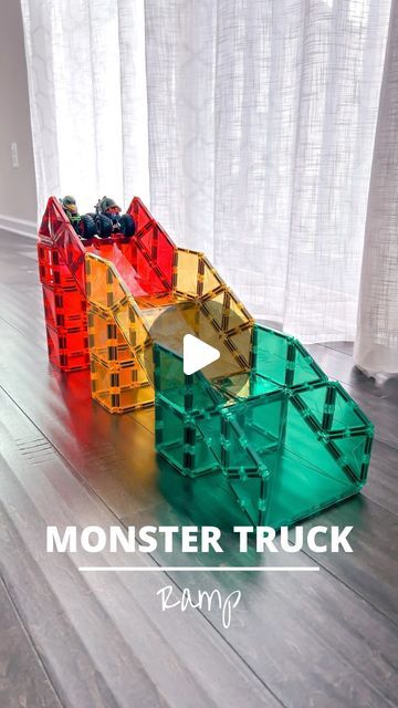 Diy Monster Truck Ramps, Magnatiles Car Ramp, Magnatiles Ideas, Magnet Blocks, Connetix Tiles, Truck Ramps, Tile Shapes, Monster Truck Theme, Magna Tiles