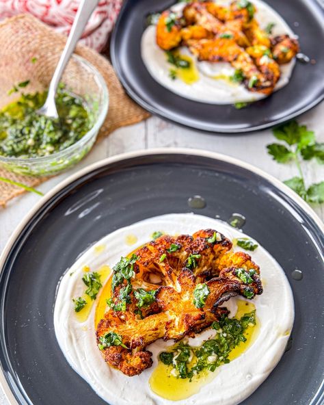 Air fryer Tandoori Cauliflower steaks served with yogurt & coriander chimichurri  — The Global Vegetarian Coriander Chimichurri, Tandoori Cauliflower, Cauliflower Steaks Recipes, Cauliflower Steak, Kofta Recipe, Malai Kofta, Veggie Snacks, Cauliflower Steaks, Crispy Potatoes