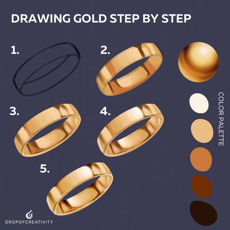 Gold Shading Reference, Gold Ring Drawing Tutorial, Paint Gold Tutorial, How To Shade Gold Digital Art, Gold Texture Drawing, Digital Art Gold Tutorial, How To Draw Jewelry Digital, Coloring Gold Tutorial, Procreate Gold Color