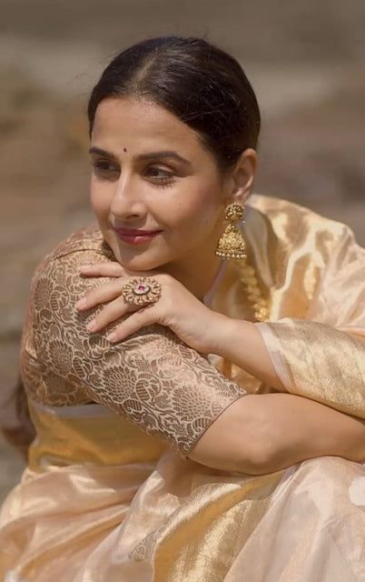 Shobitam Sarees | Buy Indian Ethnic Fashion Sarees Online Golden Tissue Saree Blouse Designs, Gold Saree With Contrast Blouse, Golden Saree With Contrast Blouse, Tissue Saree Look, Vidya Balan Saree, Golden Tissue Saree, Damask Motifs, Banarasi Blouse, Saree Styling