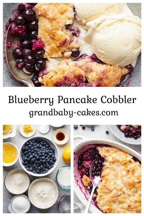 This easy Blueberry Pancake Cobbler from Deb Perelman’s cookbook Smitten Kitchen Keepers is the perfect intersection between breakfast and dessert. Made with a jammy compote filling, whole wheat flour, and a crème brûlée-like crust, it’s juicy, tender, and subtly sweet. Pancake Mix Cobbler Recipe, Pancake Mix Cobbler, Spoon Desserts, Blueberry Treats, Blueberry Pancakes Easy, Krusteaz Pancake Mix, Pie Blueberry, Breaking Fast, Grandbaby Cakes