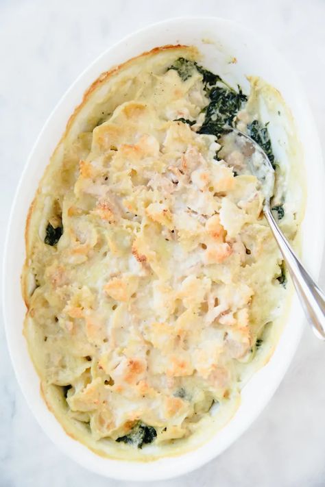 Recipe: Jacques Pépin’s Pasta Gratin with Fish and Spinach | Kitchn Pasta Gratin, Leftover Fish, Jacques Pepin Recipes, Cooked Fish, Baked Fish Fillet, Jacques Pepin, Simple Dinners, Jacque Pepin, Gratin Dish