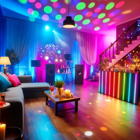 Turn up the heat with a sexy house party setup! 💃🎉 Colorful lights, a dance floor, and stylish drinks for an unforgettable night. What’s your go-to party drink?  #HouseParty #SexyVibes #DanceFloor #ColorfulLights #DJBooth #PartyTime #HomeEntertaining #NightToRemember #PartySetup #AIImages #ArtificialIntelligence #photography #love #art #fashion #music #instagood #photooftheday #reels Basement Dance Party, Dj Party Theme Decoration, House Party Lighting, Party Room Basement, House Party Background, Party Room Ideas, Basement Party Ideas, Party Basement, Family Playroom