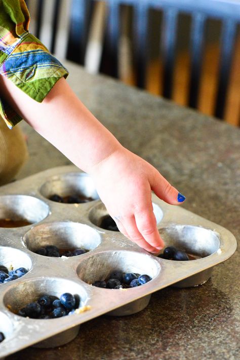 Blueberry upside down muffins: a great recipe to make with your children. Easy at-home learning activity for kids that teaches them about baking. | Mother's Niche Upside Down Muffins, Kids In The Kitchen, Yummy Desserts Easy, Delicious Breakfast Recipes, Blueberry Muffins, Baking With Kids, Activity For Kids, Easy Delicious, Family Friendly Meals