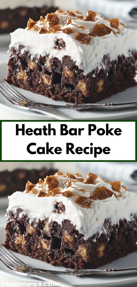 Craving a dessert that combines rich flavors with simple steps? This Heath Bar Poke Cake is your answer. It's a delectable mix of chocolate and toffee, ideal for satisfying your sweet tooth after dinner. Heath Bar Poke Cake, Heath Desserts, Heath Bar Dessert, Heath Cake, Weeknight Desserts, Heath Bar Cake, Toffee Dessert, Cheap Desserts, Heath Bar