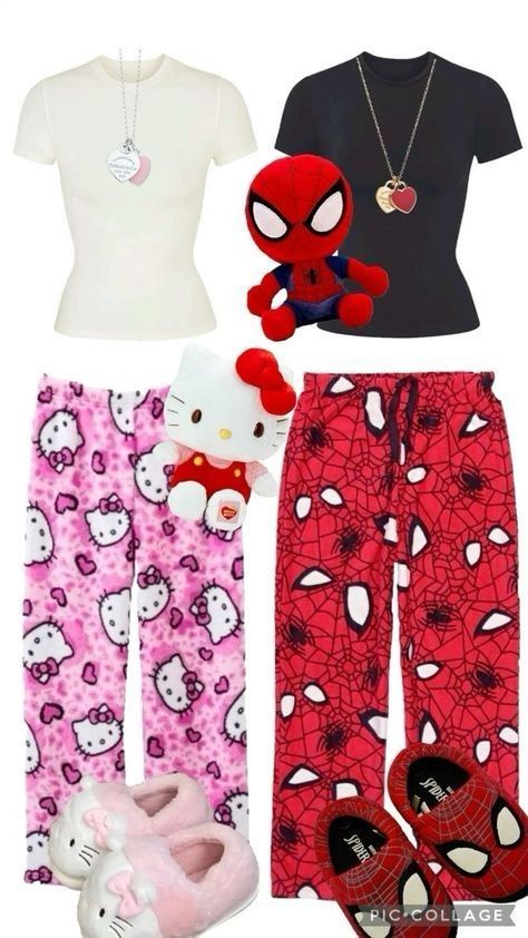 Matching Outfits Bsfs, Red Pajamas Aesthetic, Matching Clothes For Best Friends, Hello Kitty And Spiderman, Cute Matching Outfits, Sanrio Clothes, Pj Outfit, Spiderman Outfit, Bff Matching Outfits