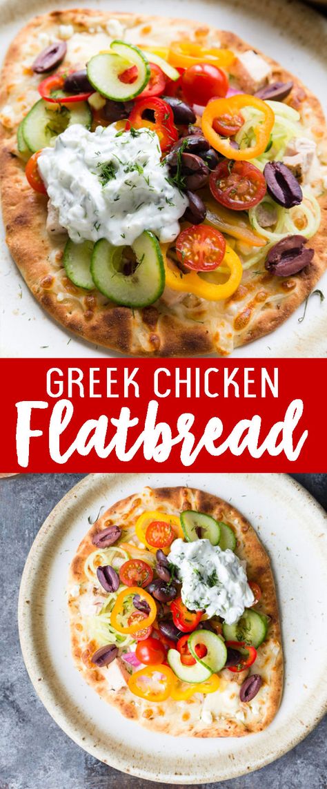 Greek Chicken Flatbread Chicken Flatbread Recipes, Chicken Flatbread Pizza, Creamy Hummus, Easy Flatbread, Chicken Flatbread, Homemade Flatbread, Fast Meals, Fast Healthy Lunches, Domino Effect