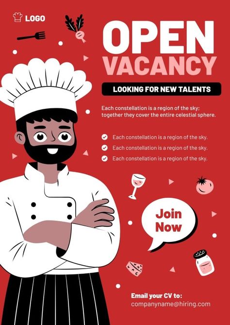 Hand-drawn Flat Chef Open Vacancy Poster Vacancy Poster, Chef Job, Chef Jobs, Job Poster, Job Vacancy, Brand Kit, Home Poster, Poster Template, Flat Design