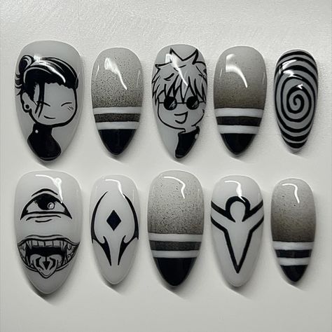 🥋 jujutsu kaisen anime set ˚ʚ♡ɞ˚custom press on set˚ʚ♡ɞ˚ 🏷 #nails #londonnails #gelxnails #nailart #pressonnails #pressons #animenails #jjknails #jjk #nailinspo #animenailart #handpaintednailart Anime Based Nails, Anime Nail Inspiration, Cute Anime Nail Designs, Anime Theme Nails, Anime Gel Nails, Anime Inspired Nails Simple, Anime Acrylic Nail Designs, Gojo Nail Art, Jjk Nail Ideas