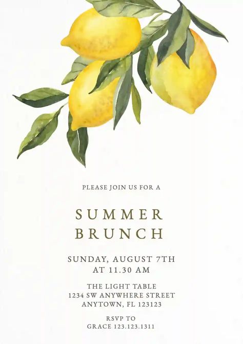 Lemon Invitations, Lunch Invitation, Wedding Lunch, Watercolor Lemon, Online Invitation, Summer Brunch, Invitation Maker, Fruit Party, Wedding Services