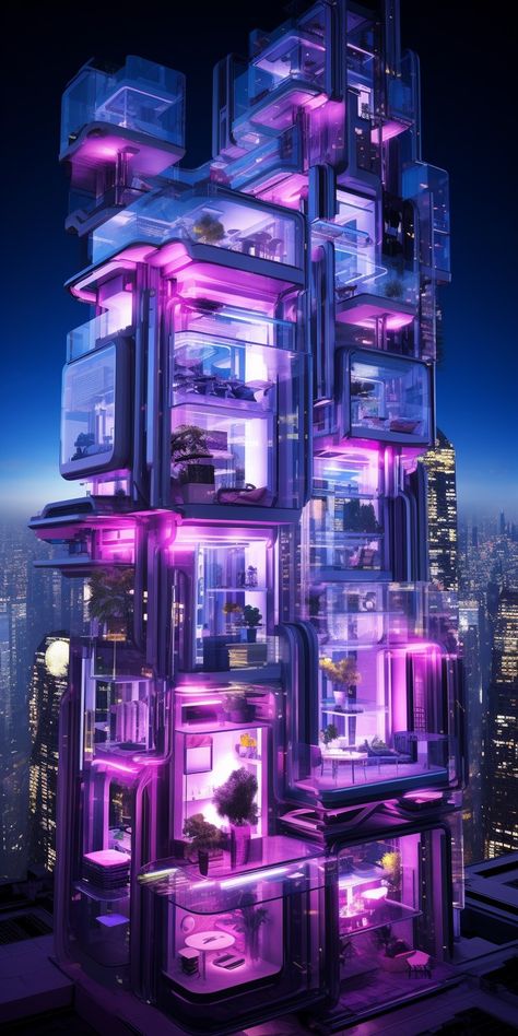 Futuristic Mansion Concept Art, Cyberpunk Apartment Building, Futuristic Warehouse, Cyberpunk Mansion, Neon Architecture, Cyberpunk Scenery, Cyberpunk Architecture, Futuristic City Utopia, Cyberpunk House