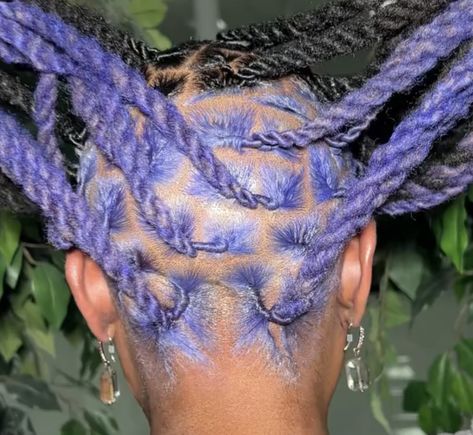 Light Purple Locs Black Women, Colored Roots Locs, Half Colored Locs, Dread Hair Color Ideas, Dark Blue Locs Black Women, Locs With Peekaboo Color, Locs Hairstyles Dyed, Purple Dyed Locs, Peekaboo Hair Color Locs