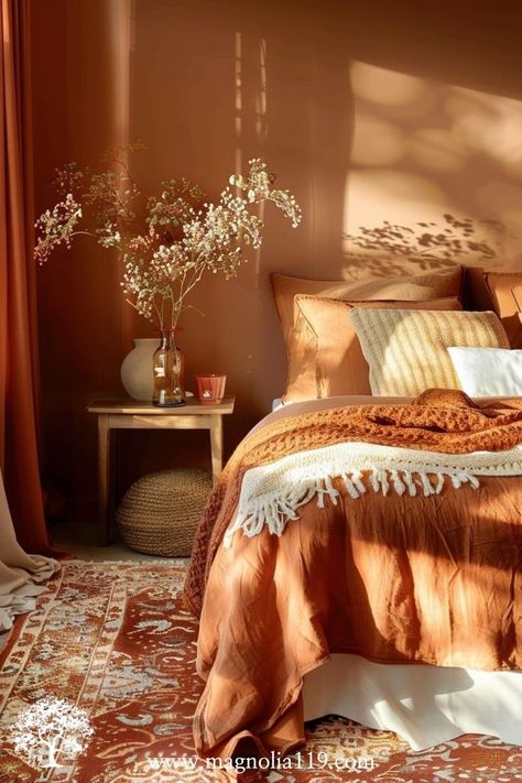 Orange Ombre Bedding, Modern Gold Bedroom, Rust Orange Decor, Cozy Orange Aesthetic, Orange Themed Room, Orange Themed Bedroom, Rust Orange Bedroom, Orange Room Ideas, Burnt Orange Room