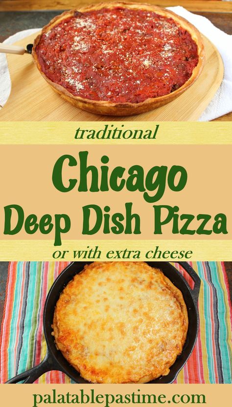 Chicago Deep Dish Pizza is made in the pan style using a cast iron skillet with sauce on top or even extra cheese! Pizza Cast Iron, Chicago Deep Dish Pizza Recipe, Chicago Deep Dish, Chicago Style Deep Dish Pizza, Deep Dish Pizza Recipe, Chicago Deep Dish Pizza, Skillet Pizza, Cast Iron Recipes, Pizza Recipes Homemade