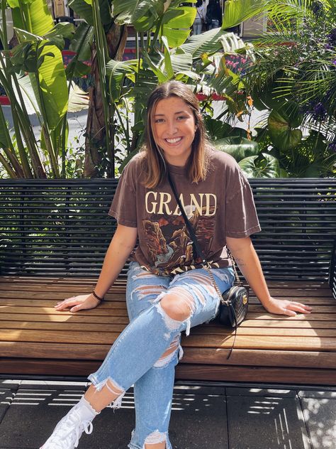 Shopping at Santana Row in San Jose CA. Wearing ripped jeans and a mens graphic tee for a laid back outfit Modest Clothes, Big Shirt, Slides Women, T Shirt And Jeans, Mens Graphic Tee, Modest Outfits, Oversized Tshirt, Favorite Jeans, Ripped Jeans