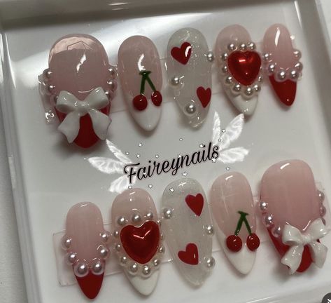 Cherry Red Coquette, Finger Biting, Cute Red Nails, Red Coquette, Birmingham City University, Creative Nail Art, Fake Nails Designs, Punk Nails, Cherry Nails