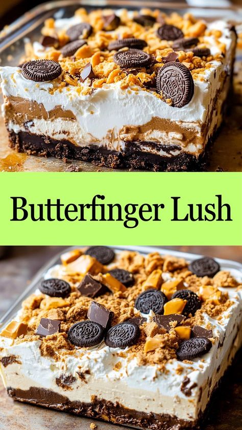 Crave-worthy layers of chocolate, Butterfinger crunch, and creamy delight—Butterfinger Lush hits all the sweet notes! 🍫💛 #ButterfingerBliss #LushDesserts #SweetEscape #DecadentTreats #HomemadeGoodies #ChocolateDreams #CandyDesserts #CoolAndSweet #DessertFavorites #LayeredPerfection 🍮✨ Butterfinger Lush, Peanut Butter Lush, Butterfinger Desserts, Butterfinger Dessert Recipes, Butterfinger Recipes, Butter Finger Dessert, Chocolate And Peanut Butter, Chocolate Dreams, Bake Dessert