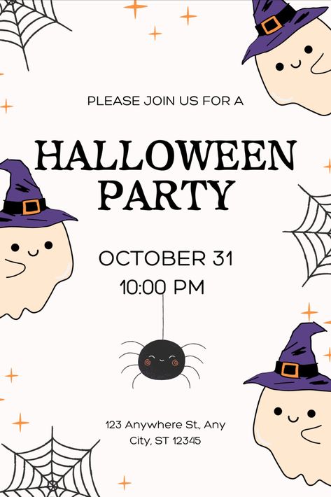 Digital Customizable Halloween Party Invitation, Printable Halloween Party Invitation, Happy Ghosts, Kids Party Invitation, Instant Download, Canva #white #halloween #purple #party #invitation #ghost #spiderweb #cute #kids #etsy #october #witch #spider Spider Invitation, House Party Invitation, Childrens Halloween Party, Halloween House Party, Halloween Invitation, Halloween Party Invitation, Party Invitations Kids, Halloween Party Themes, Halloween Party Invitations