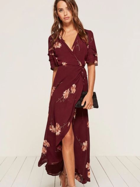 Oh goodness, love the style, ruffle edge, color, floral pattern, all of it. Floral Evening Gown, Best Maxi Dresses, Dashiki Dress, Wrap Maxi Dress, Princesa Diana, Lace Dress Long, Flower Lace, Burgundy Floral, Leopard Dress