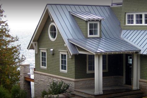 Standing Seam Metal Roof Installed On Beach House House With Metal Roof, Green Siding House, Metal Roof Cost, Siding House, Cove House, Green Siding, Metal Roof Houses, Metal Roof Installation, Metal Roof Colors