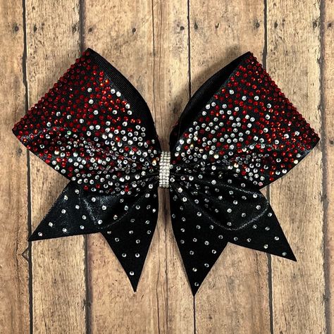 "This beautiful two tone ombre rhinestone bow is covered in over 1,400 stones and is available in any fabric color/stone combination. Badda Bling Bows provides the highest quality bows on the market specializing in individual, practice and team bows and we uniform match. - FREE SHIPPING on all team orders. - Made with 3\" ribbon and premium nylon elastic hair bands that won't damage hair as they have no metal parts and are seamless. - Packaged and shipped in a box to ensure it arrives in perfect Cheer Designs, Competition Bows, Custom Cheer Bows, Heart Baseball, Bling Bows, Damage Hair, Competitive Cheer, Cheer Uniform, Cheer Bow