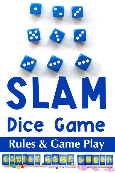 Slam Dice Game rules and game play for family game night Simple Dice Games, Tenzi Game Ideas, Easy Family Games Ideas, Dice Games For Adults Couples, Easy Dice Games, Dice Games For Adults, Dice Games For Kids, Pig Dice Game, Dice Game Rules