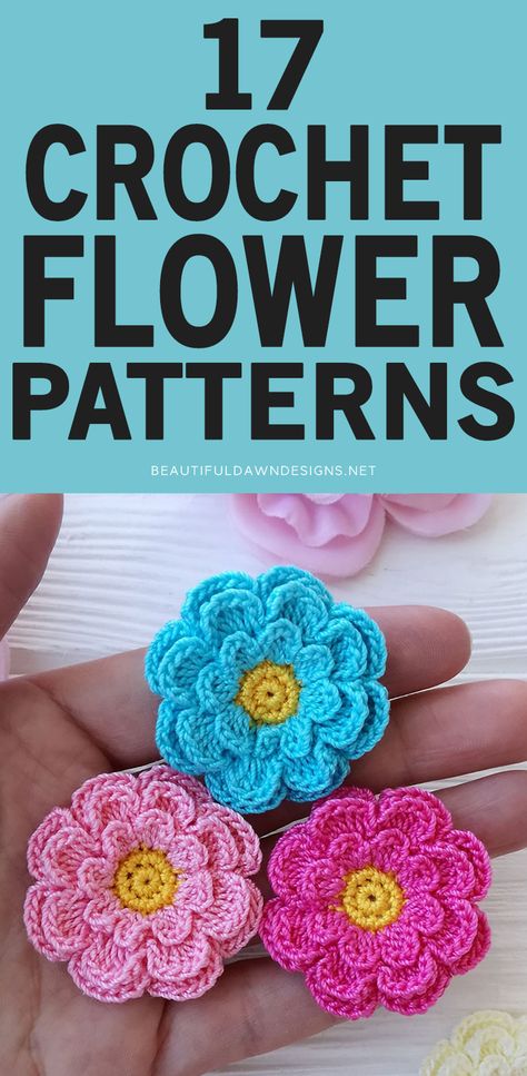 Appliques Crochet Patterns Free, Crocheted Flower Appliques, Crochet Flower Diagram Charts, Easy Crochet Flowers For Beginners Free, Crochet Flower Magnets, Crochet 2d Flowers Free Pattern, Crochet Flowers Simple, Crocheted Flower Patterns, Small Crocheted Flowers