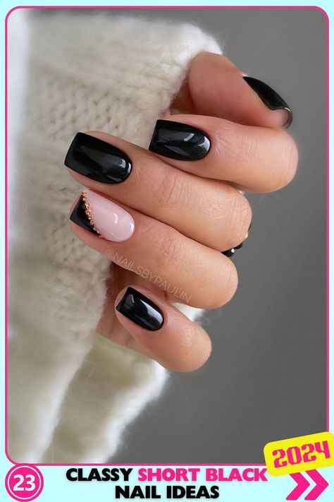 Square-shaped short black nails with nude base and black studs. Gel, glossy finish. Ideal for edgy, stylish looks. Keywords: short black nails, square nails, studded nails. Holiday Acrylic Nails, Kutek Disney, Ballet Nails, Christmas Gel, Milky Nails, October Nails, Winter Nails Acrylic, Nagel Tips, Christmas Gel Nails