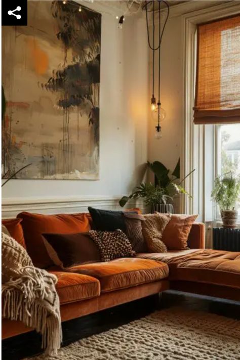 Rust Sofa Living Room Ideas, Tan Sofa Living Room, Lounge Room Styling, Floor To Ceiling Bookshelves, Tan Sofa, Cozy Living Room Ideas, Leather Sofa Living Room, Couch Living Room, Living Room Warm