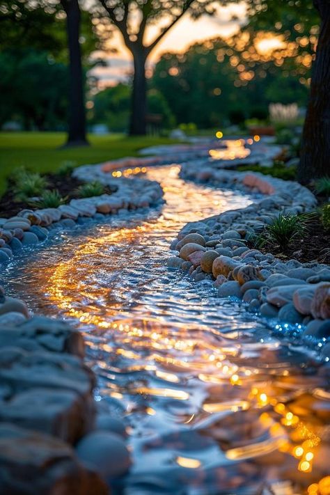 Garden Streams And Ponds, Stream In Garden, Forest Garden Backyards, Backyard River, Backyard Creek, Stream Elements, Outdoor Living Space Ideas, Backyard Stream, Garden Stream