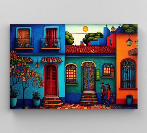 Sip And Paint Ideas Mexican, Mexican Digital Art, Mexican Village Paintings, Mexican Paintings Ideas On Canvas, Mexican Wall Mural, Mexican Modern Art, Mexican Art Work, Mexican Artwork Paintings, Painting For Bedroom Walls Canvases