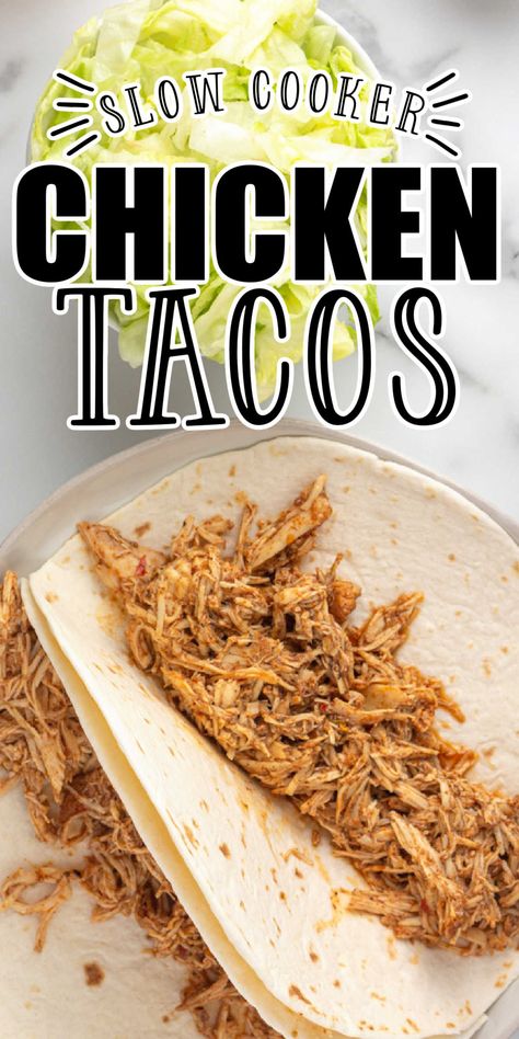 With just a handful of ingredients, these slow cooker Chicken Tacos are an easy and healthy dinner. Perfect for Taco Tuesday or any other busy weeknight. Pick and choose toppings so everyone ends up with a dinner they can’t help but devour! Chicken Crockpot For Tacos, Slow Cooker Chicken Nachos, Crock Pot Chicken Taco Recipes, Pulled Chicken Crock Pot Recipes Taco, Slow Cooker Chicken For Tacos, Chicken Taco Meat Crockpot, Easy Crockpot Chicken Tacos, Chicken Crock Pot Tacos, Crockpot Chicken For Tacos