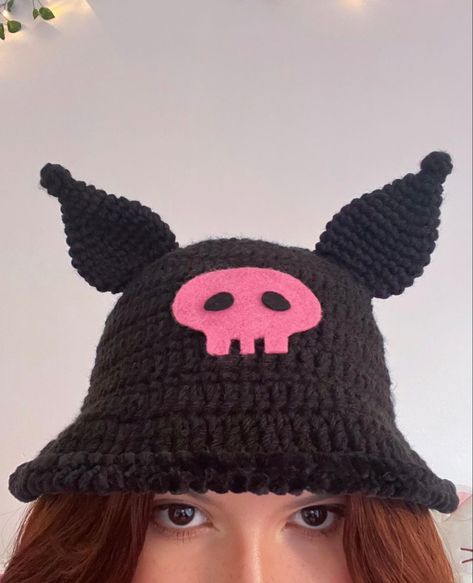 Y2k Crochet Pattern Free, Kuromi Crochet Hat, Kuromi Hat, Alt Crochet, Hello Kitty Crochet, Crochet Bookmark Pattern, Yarn Ideas, Hat Patterns Free, Crochet Design Pattern